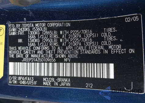 2005 Toyota Highlander V6 z USA, uszkodzony, nr VIN JTEEP21A350109656